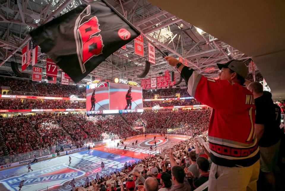 Carolina Hurricanes fans welcome the team to the ice against the New York Rangers on Monday, May 30, 2022 during game seven of the Stanley Cup second round at PNC Arena in Raleigh, N.C.
