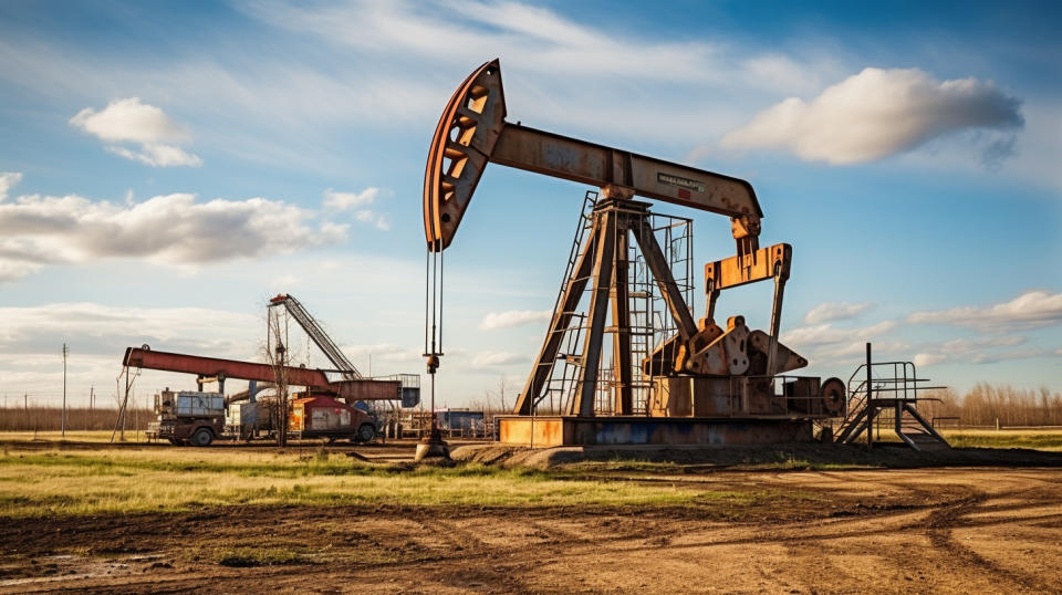 A pressure pumping machine at the centre of an oilfield, surrounded by a team of workers in the field.