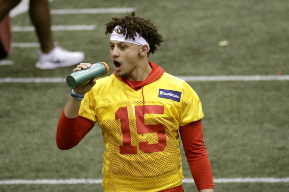 Kansas City Chiefs quarterback Patrick Mahomes participates in a drill at NFL football practice Thursday, Jan. 23, 2020 at in Kansas City, Mo. The Chiefs will face the San Francisco 49ers in Super Bowl 54. (AP Photo/Charlie Riedel)