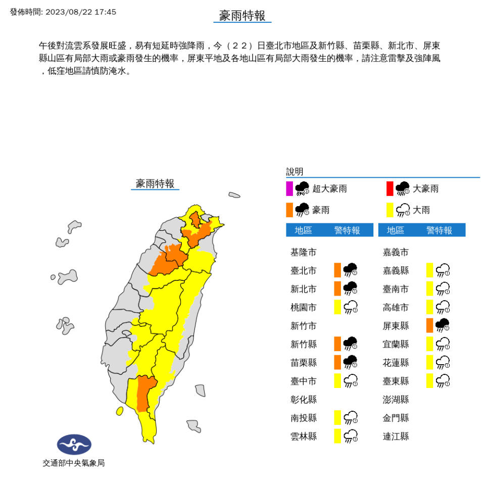 5縣市豪雨特報、10縣市大雨特報。（圖／翻攝自氣象局官網）