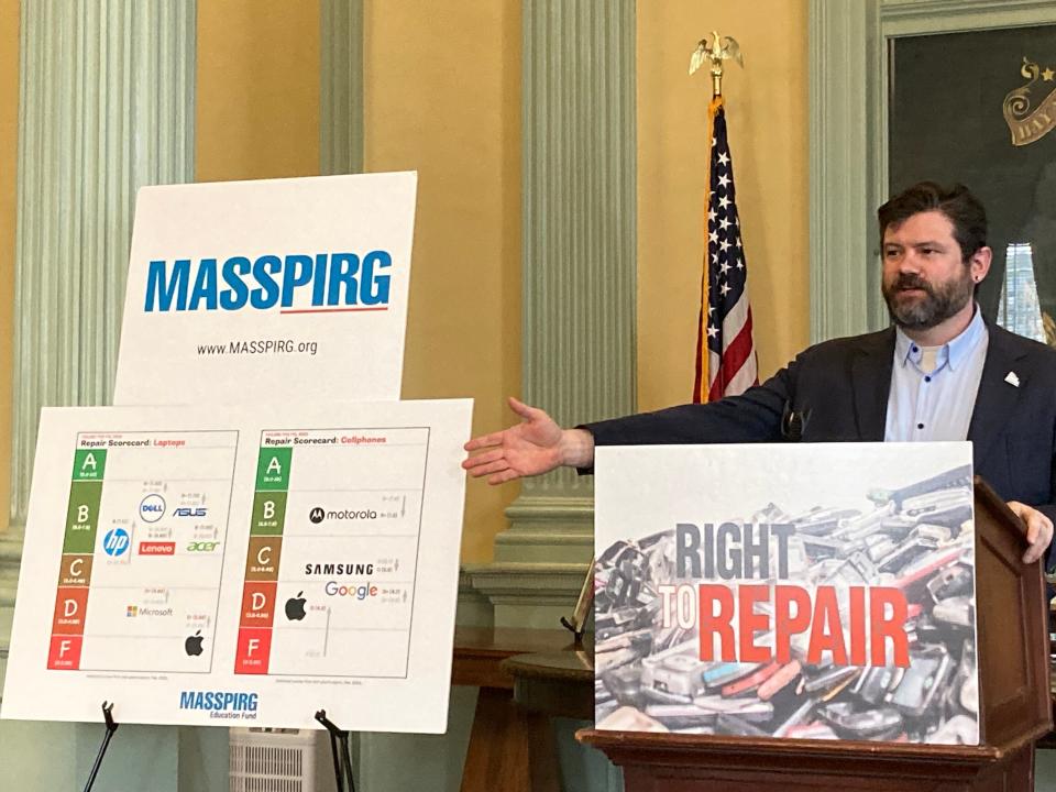 Nathan Proctor of U.S. PIRG, the advocate for the national right to repair movement, discusses the European approach to the issue Thursday at the Statehouse in Boston.