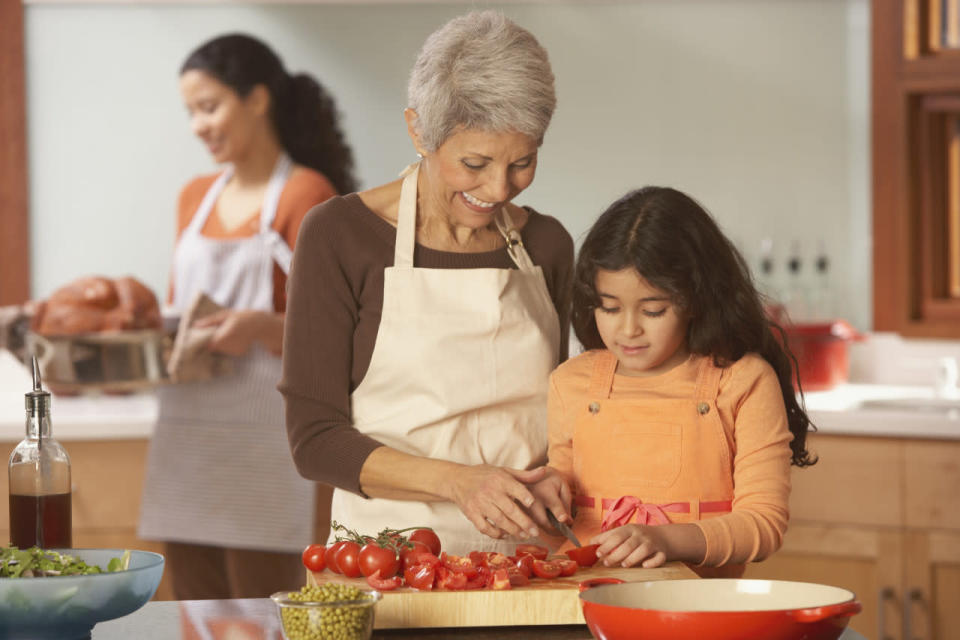 5. Introduce kids to chopping by showing them how to use a food chopper. Move onto an apple corer and cutting board. Use a plastic knife (here area few kid-friendly choices) to demonstrate safe cutting skills.