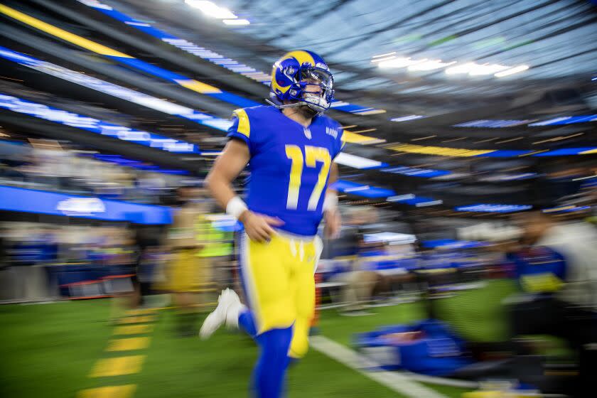 INGLEWOOD, CA - DECEMBER 8, 2022: Rams recently acquired quarterback Baker Mayfield.