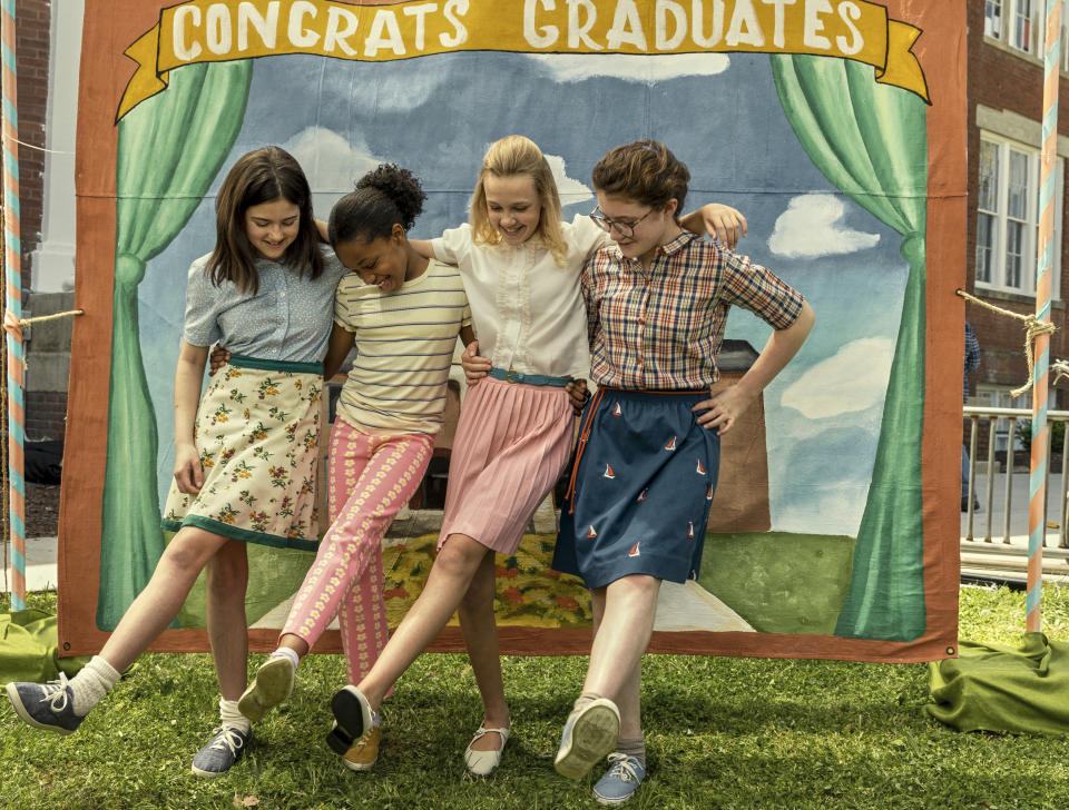 This image released by Lionsgate shows Abby Ryder Fortson, from left, Amari Price, Elle Graham and Katherine Kupfere in a scene from "Are You There God? It's Me, Margaret." (Dana Hawley/Lionsgate via AP)