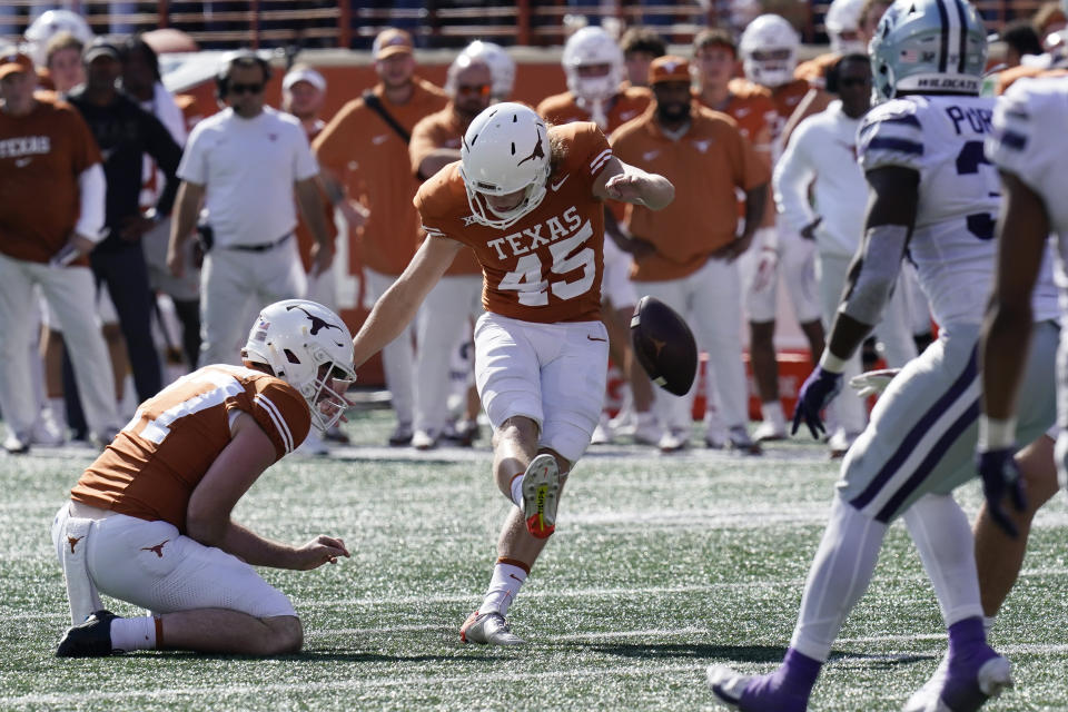 Texas place-kicker Bert Auburn (45) kicks a field goal against Kansas State during in overtime of an NCAA college football game in Austin, Texas, Saturday, Nov. 4, 2023. (AP Photo/Eric Gay)