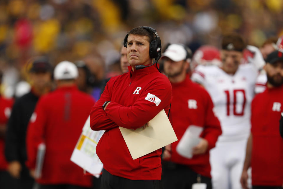 Rutgers head coach Chris Ash watches against Michigan in the first half of an NCAA college football game in Ann Arbor, Mich., Saturday, Sept. 28, 2019. (AP Photo/Paul Sancya)