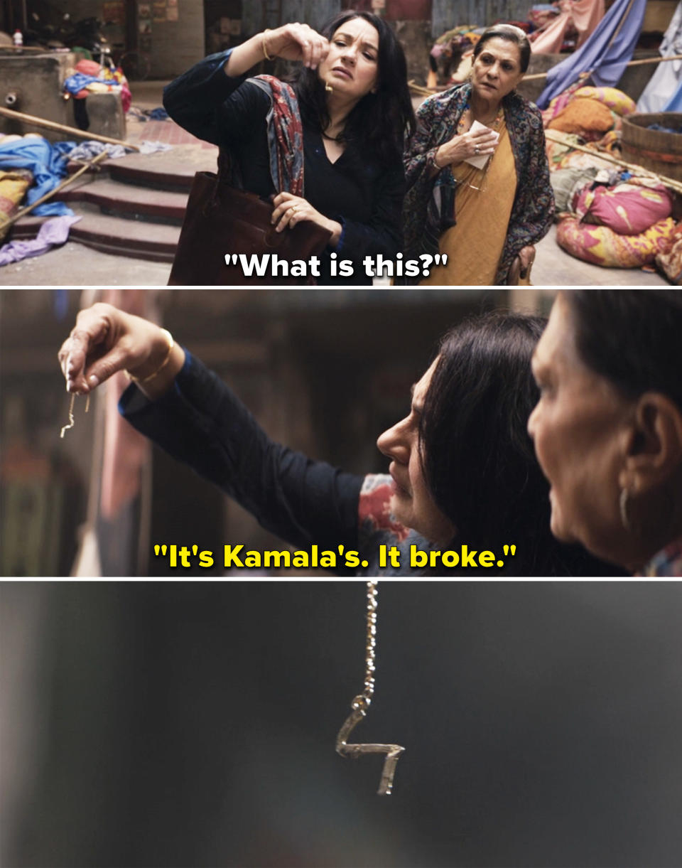 Kamala's mom holding up her necklace and saying, "It broke."