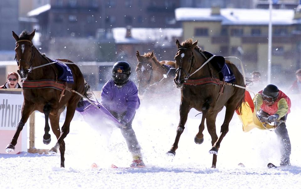 <p>Skijoring is a racing event in which skiers are towed across the ice and snow while hanging on to the reins of a horse. It appeared as a demonstration sport at the 1928 Winter Games in St. Moritz, Switzerland. (AP) </p>