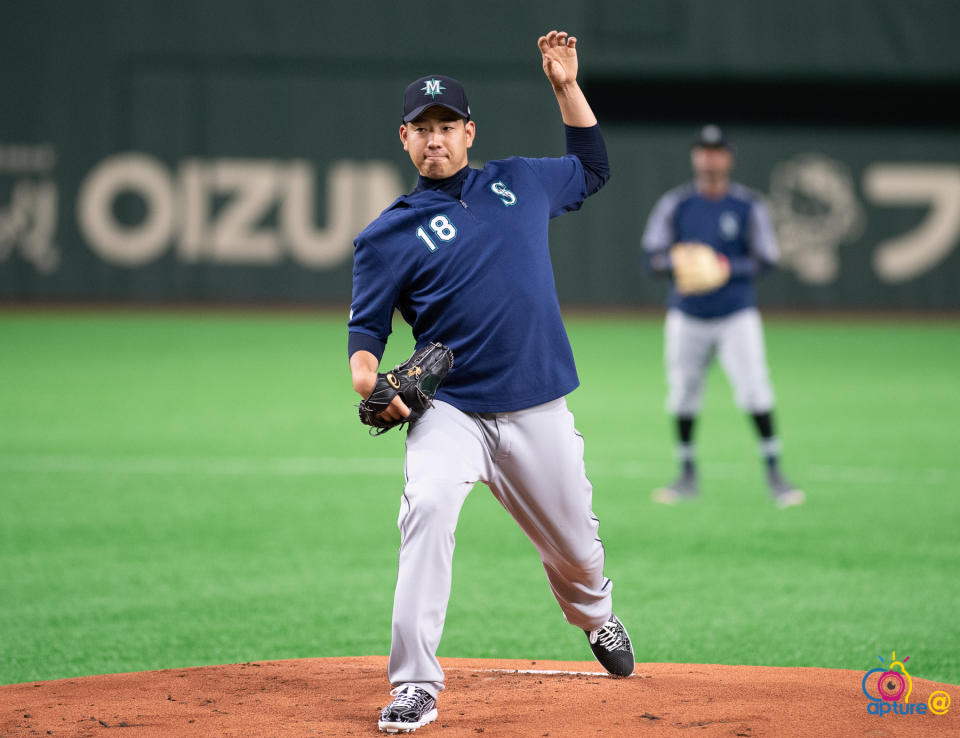 2019 MLB 東京開幕戰水手練習日，菊池雄星練習。（圖／Capture@ 蓋艾傳媒提供）