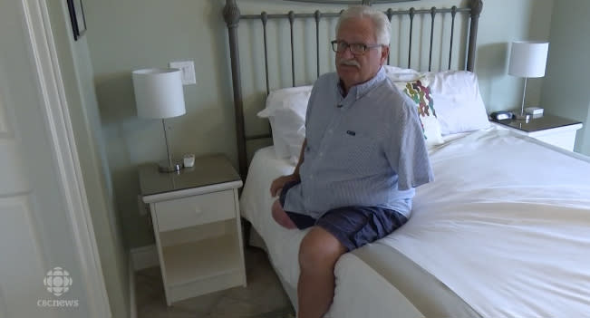 Stearn Hodge lost his leg and arm in a work accident and cannot get around without an electronic scooter. (Photo: Courtesy of CBC)