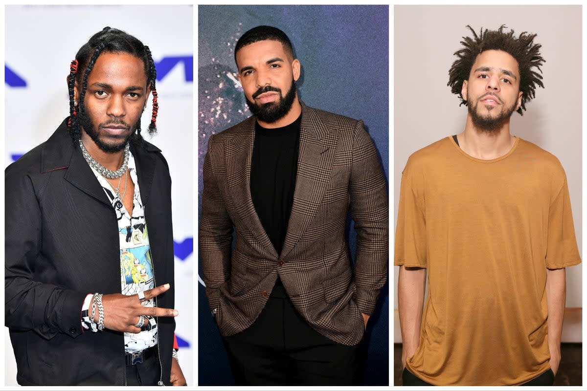 (l-r) Kendrick Lamar, Drake and J Cole (Getty)