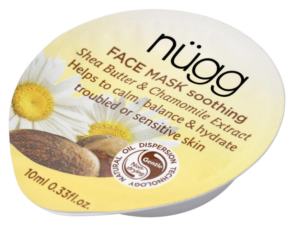 <p><b>Nügg Soothing Face Mask</b><br>The teeny throw-it-in-your-purse sized mask promises to heal and calm skin in just ten minutes. The soothing solution feels instantly cooling on contact. It’s made with 94% natural ingredients including shea butter, aloe and linseed oil. <br></p><p><a href="http://www.nuggbeauty.com/products/nugg-soothing-face-mask" rel="nofollow noopener" target="_blank" data-ylk="slk:Nügg Soothing Face Mask;elm:context_link;itc:0;sec:content-canvas" class="link ">Nügg Soothing Face Mask</a> ($4) <i>(Photo: Nügg)</i><br></p><p><br></p>