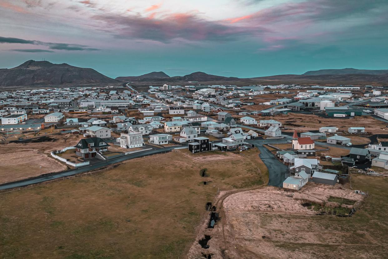 This image taken with a drone shows the town of Grindavik, Iceland (Copyright 2023 The Associated Press. All rights reserved)