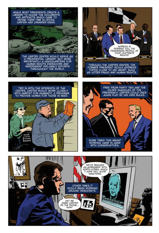 A handout photo shows a page design of the comic book "Political Power: Jimmy Carter\