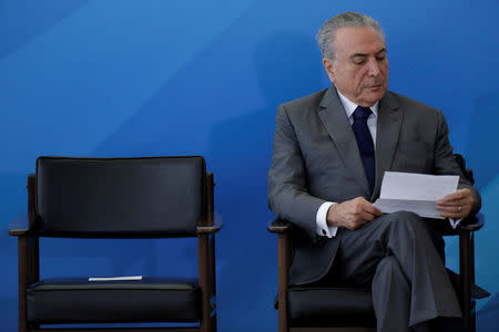 Brazil's President Michel Temer attends a ceremony at the Planalto Palace in Brasilia, Brazil April 12, 2017. Picture taken April 12, 2017. REUTERS/Ueslei Marcelino