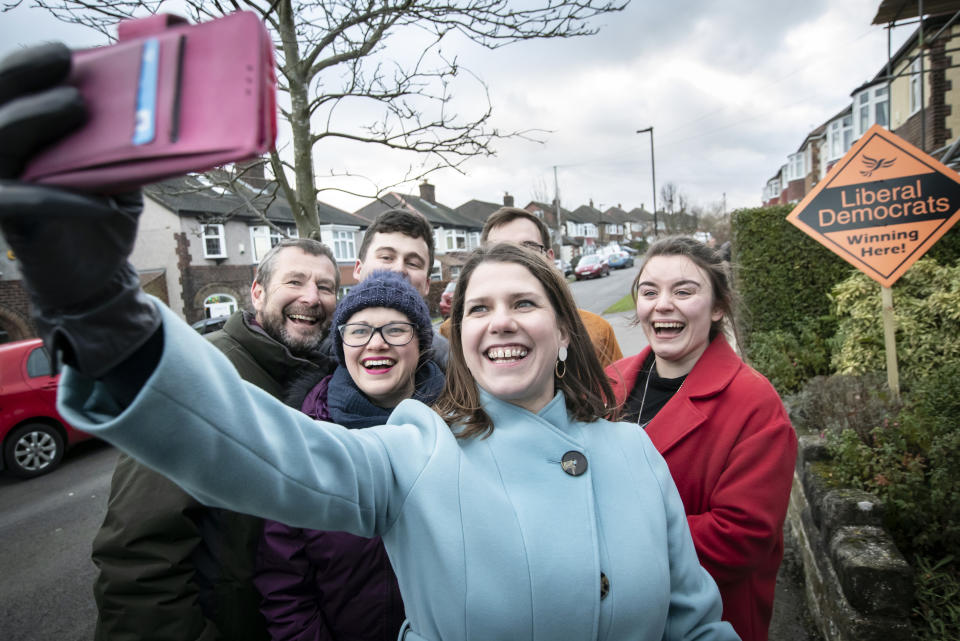 Liberal Democrat Leader Jo Swinson canvassing door to door with activists during a visit to Sheffield, while on the General Election campaign trail.