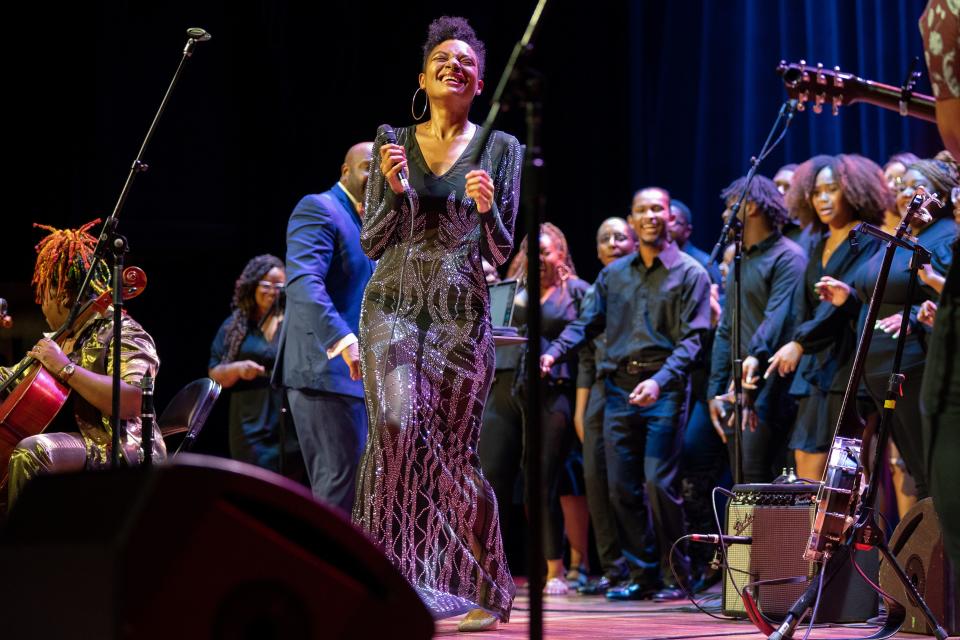 Allison Russell performs with the Fisk Jubilee Singers at the Ryman Auditorium in Nashville, Tenn., Tuesday, June 28, 2022.