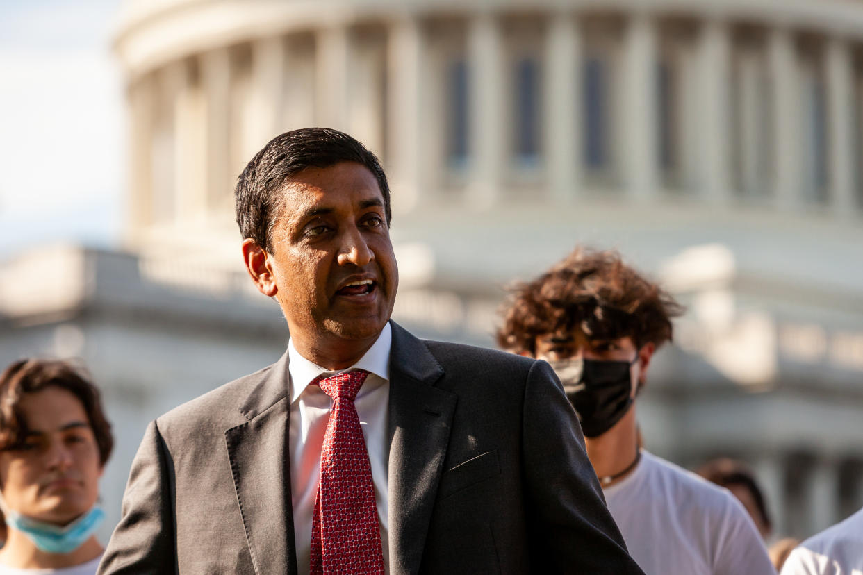 Rep. Ro Khanna (D-CA) speaks to young Americans at a sit-in at the US Capitol, hosted by Our Revolution.  Protesters plan to continue the sit-in until Congress passes the Build Back Better Act. (Allison Bailey/NurPhoto via ZUMA Press)