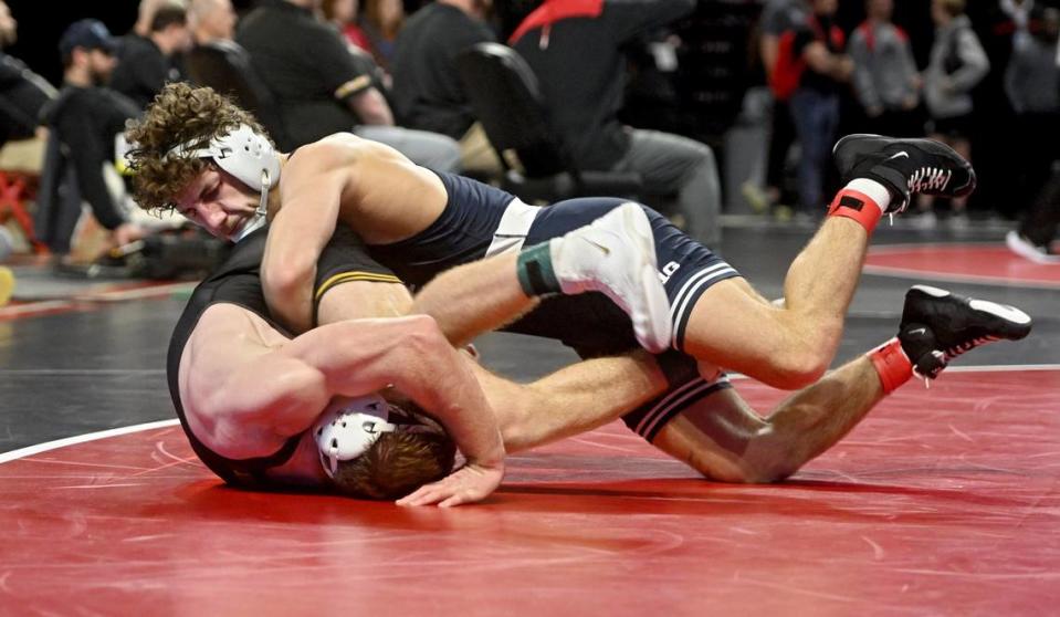 Penn State’s Mitchell Mesenbrink controls Iowa’s Mike Caliendo in a 165 lb semifinal bout of the Big Ten Wresting Championships at the Xfinity Center at the University of Maryland on Saturday, March 9, 2024. Abby Drey/adrey@centredaily.com