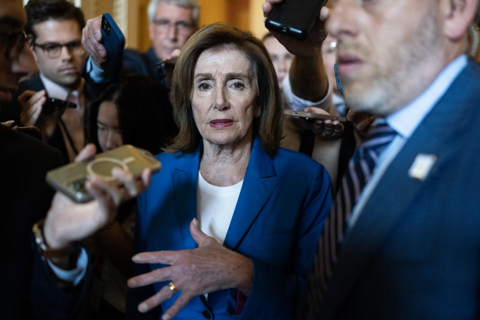 UNITED STATES - JUNE 28: Rep. Nancy Pelosi, D-Calif., talks with reporters in the U.S. Capitol about the presidential debate between President Joe Biden and former President Donald Trump on Friday, June 28, 2024. (Tom Williams/CQ-Roll Call, Inc via Getty Images)