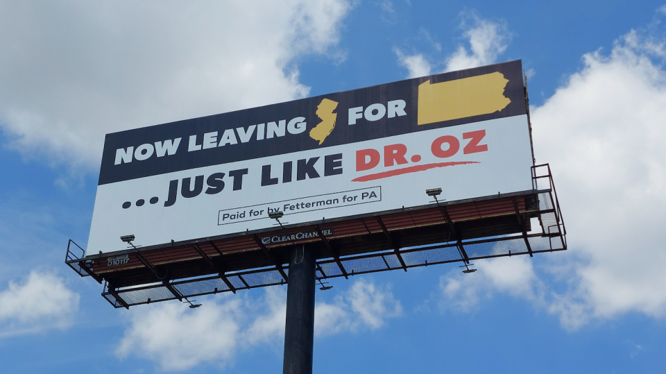 A Fetterman campaign billboard on the New Jersey/Pennsylvania border. <a href="https://twitter.com/JohnFetterman/status/1554563145498349569" rel="nofollow noopener" target="_blank" data-ylk="slk:Fetterman campaign/Twitter;elm:context_link;itc:0;sec:content-canvas" class="link ">Fetterman campaign/Twitter</a>