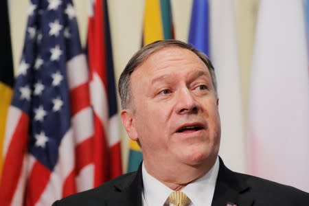 U.S. Secretary of State Mike Pompeo speaks following a meeting of the UN Security Council at UN headquarters in New York