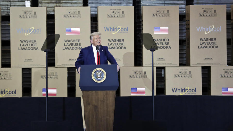 President Donald Trump speaks during an event at the Whirlpool Corporation Manufacturing Plant, Thursday, Aug. 6, 2020, in Clyde, Ohio. (AP Photo/Tony Dejak)