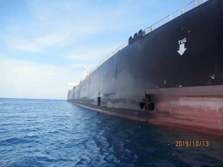 Damage is seen on Iranian-owned Sabiti oil tanker sailing in the Red Sea