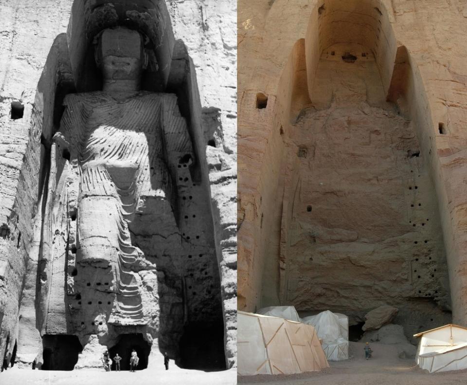 巴米揚巨佛被毀前（左）與被毀後（右）（維基百科）
