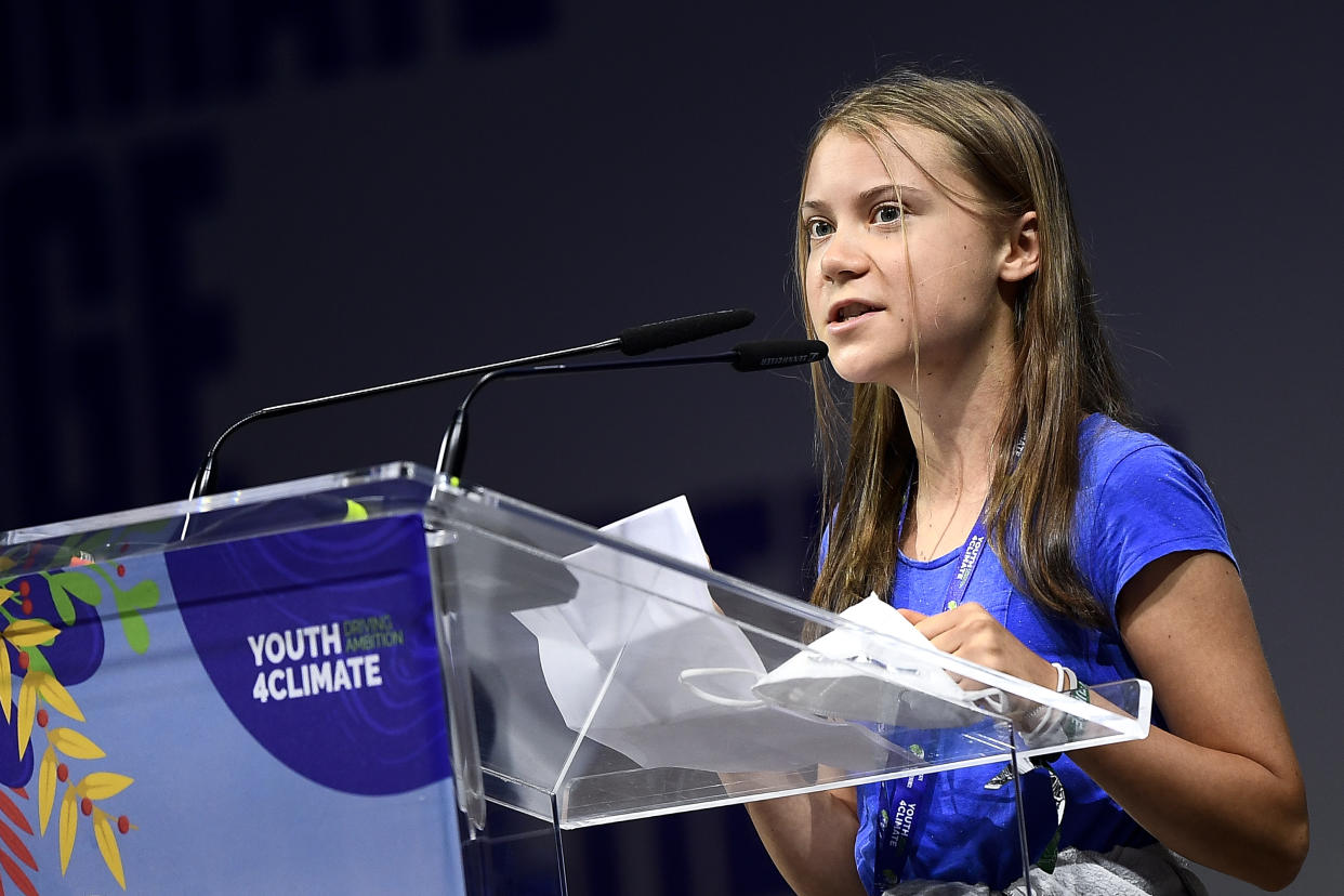 Greta Thunberg speaks during opening plenary session of the Youth4Climate pre-COP26 event. (Nicolò Campo/LightRocket via Getty Images)