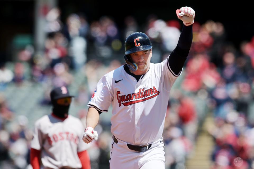 Apr 25, 2024; Cleveland, Ohio, USA; Cleveland Guardians right fielder Will Brennan (17) rounds the bases after hitting a home run during the second inning against the Boston Red Sox at Progressive Field. Mandatory Credit: Ken Blaze-USA TODAY Sports