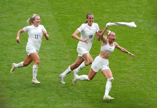 Chloe Kelly swirls her shirt above her head after scoring England's extra-time winner in the Euro 2022 final against Germany at Wembley. A crowd of 87,192 watched the Lionesses clinch a 2-1 victory and the first piece of major silverware for an England senior side since the men’s 1966 World Cup triumph over West Germany. Substitute Kelly struck in the 110th minute after Ella Toone’s lobbed opener was cancelled out by Lina Magull