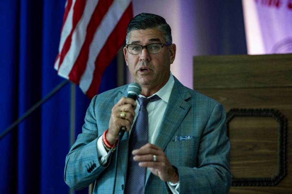 Joe Sanchez, a Republican candidate for Miami-Dade County sheriff in 2024, speaks during a forum for Miami-Dade sheriff held at the IBEW Local 349 Union Hall, in Miami, on Wednesday, May 29, 2024.