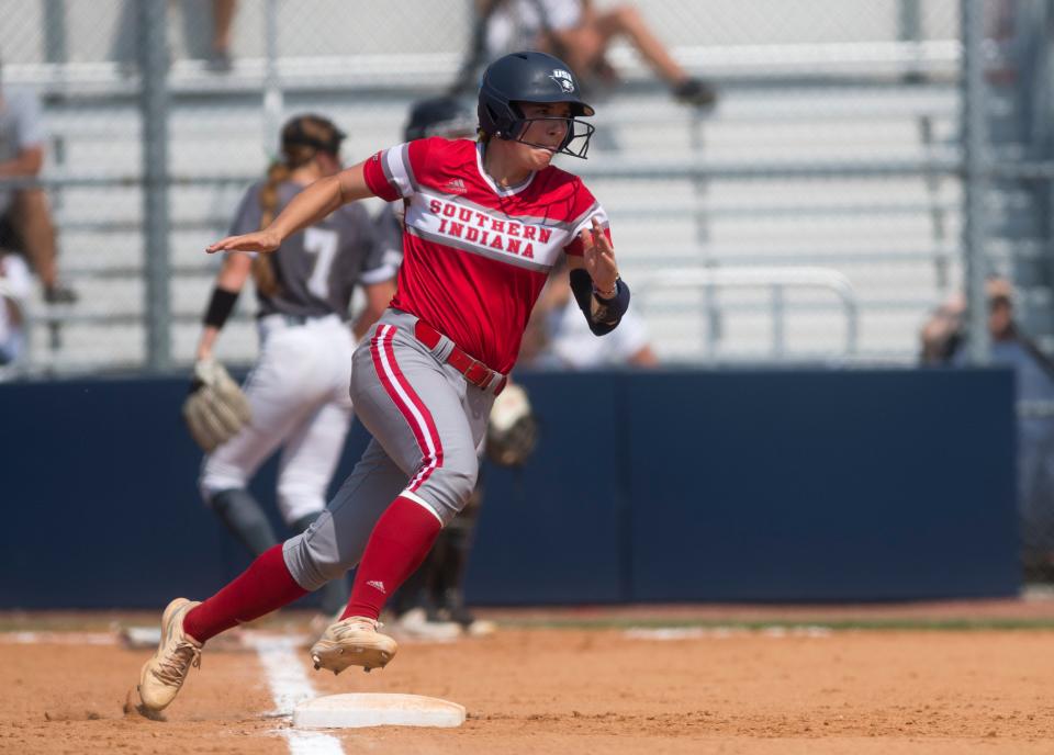 Southern Indiana’s Jordan Rager (23) rounds first for second as the University of Southern Indiana Screaming Eagles play the Lindenwood University Lions during the NCAA Division II Midwest Region Softball Tournament at USI in Evansville, Ind., Friday, May 13, 2022. 