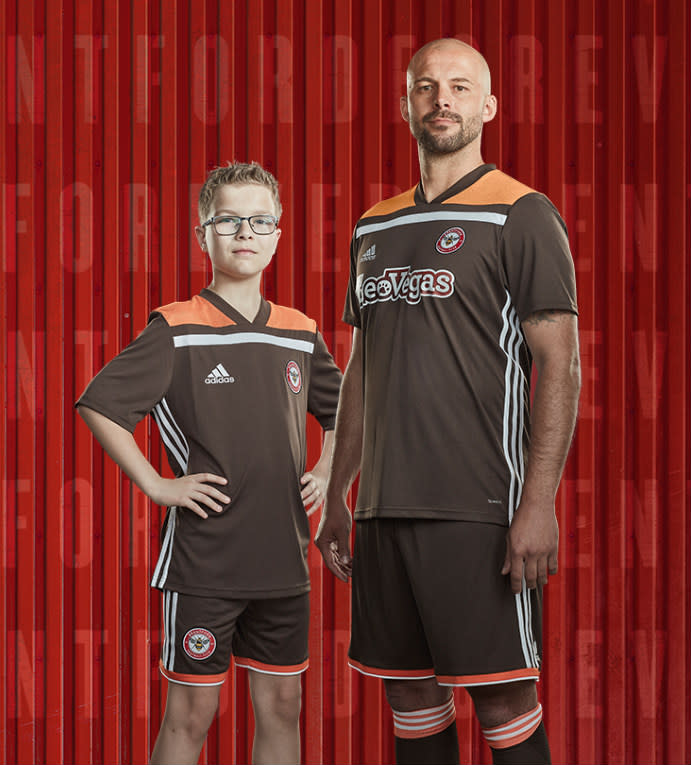 <p>Brentford’s away kit is, erm, interesting. A brown kit with orange shoulders, it really is as bad as it stands. One website described it as a Jaffa Cake-inspired number. (Brentford’s website) </p>