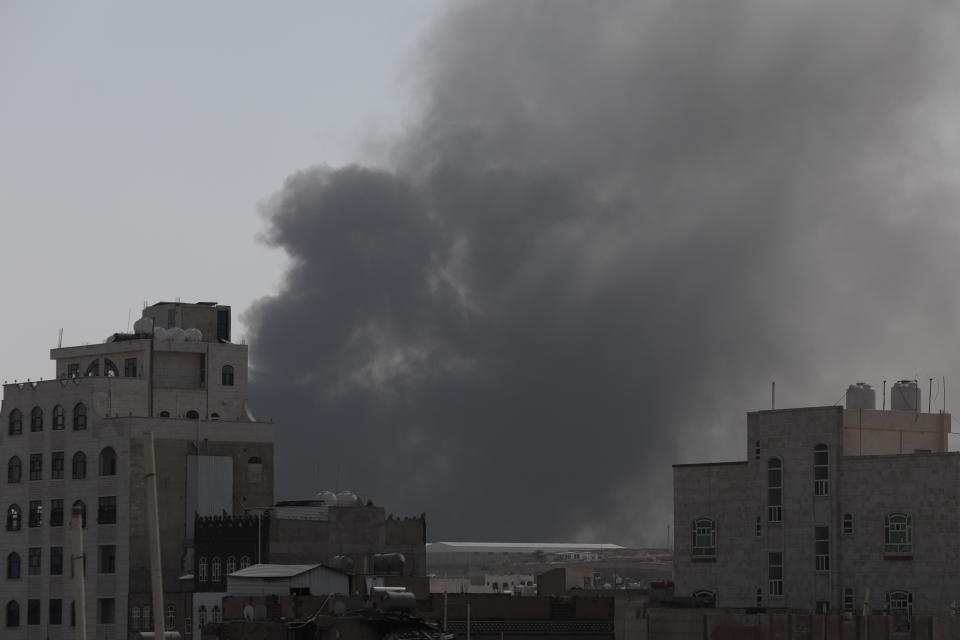 Smoke rises after Saudi-led airstrikes on an army base in Sanaa, Yemen, Sunday, Mar. 7, 2021. The Saudi-led coalition fighting Iran-backed rebels in Yemen said Sunday it launched a new air campaign on the war-torn country’s capital and on other provinces. The airstrikes come as retaliation for recent missile and drone attacks on Saudi Arabia that were claimed by the Iranian-backed rebels. (AP Photo/Hani Mohammed)