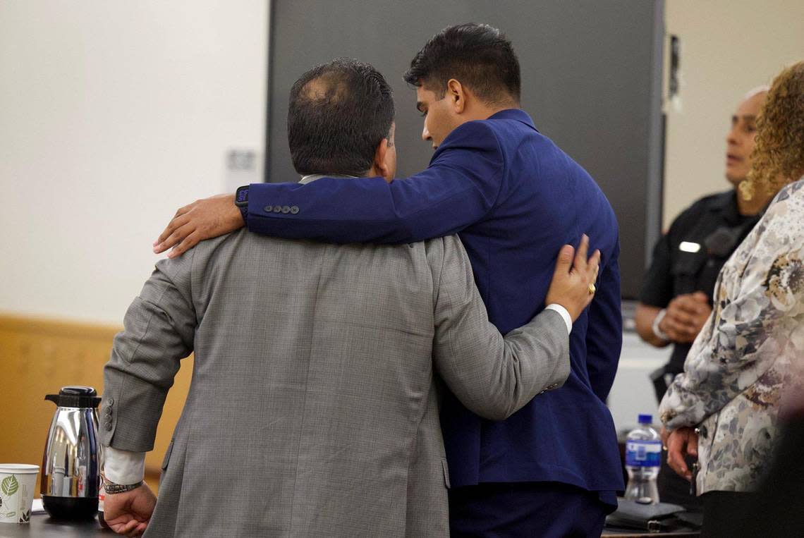 Ravinder Singh, right, hugs defense attorney Rafael Sierra after being found not guilty of criminal negligent homicide on Monday, August 29, 2022, in the 371st District Court in Tarrant County.