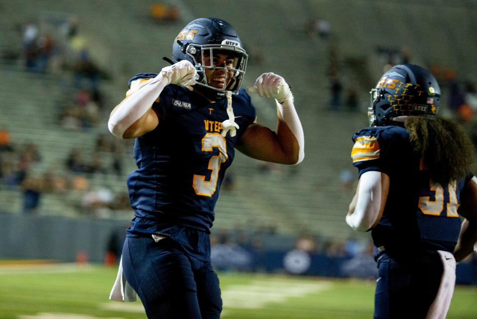 UTEP’S Reynaldo Flores celebrates his touchdown in the fourth quarter of their home game against Boise State on Sept. 23, 2022. 