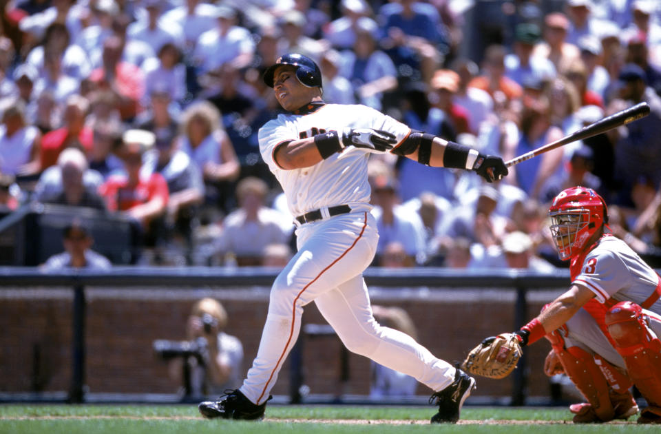 SAN FRANCISCO - 2001:  Andres Galarraga of the San Francisco Giants bats during a 2001 season game at Pac Bell Park in San Francisco, California. Andres Galarraga played for the San Francisco Giants in 2001 and 2003. (Photo by Brad Mangin/MLB Photos via Getty Images)