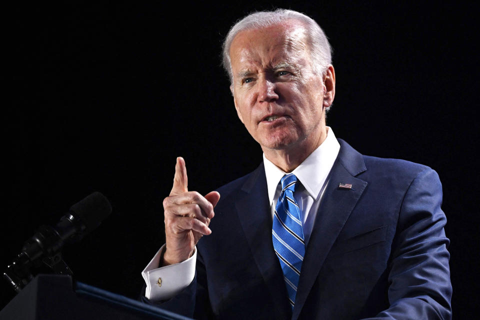 US President Joe Biden speaks during the House Democratic Caucus Issues Conference at the Hyatt Regency Inner Harbor in Baltimore, Maryland, on March 1, 2023. (Andrew Caballero-Reynolds / AFP - Getty Images)