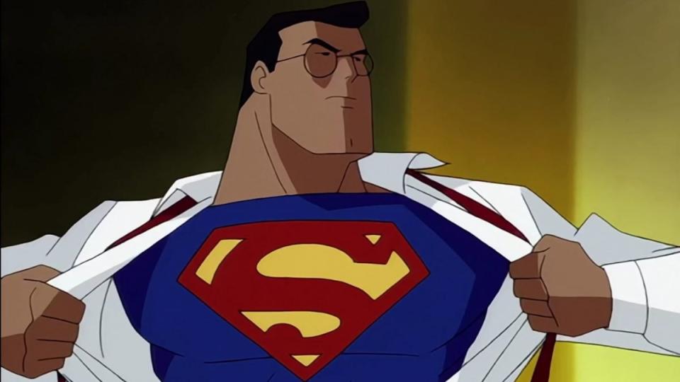 Clark Kent opens his shirt revealing his Superman costume in the opening credits of Superman: The Animated Series.