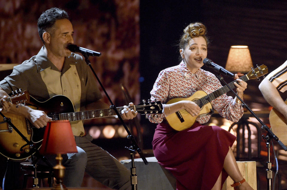 Jorge Drexler, left, and Natalia LaFourcade perform "Telefonia" at the Latin Grammy Awards on Thursday, Nov. 15, 2018, at the MGM Grand Garden Arena in Las Vegas. (Photo by Chris Pizzello/Invision/AP)