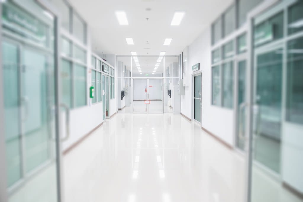 An empty hospital hallway.