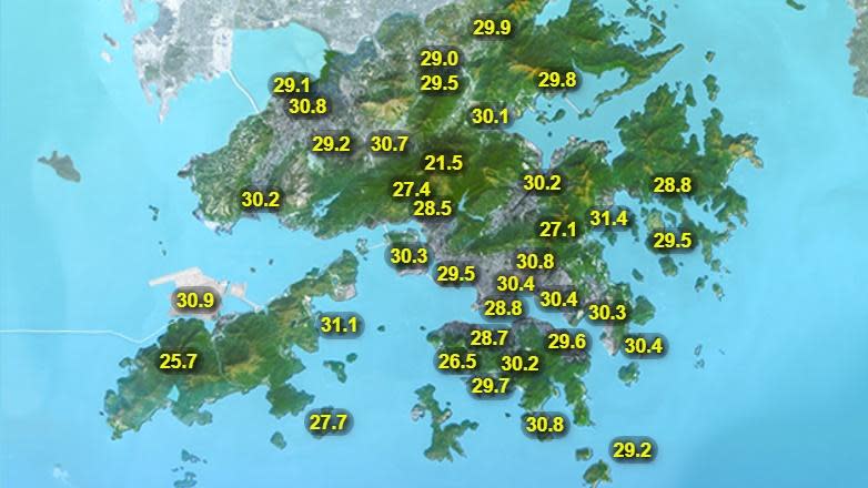 本港地區今日天氣預測陽光充沛。日間酷熱，市區最高氣溫約35度，新界再高一兩度。(香港天文台)