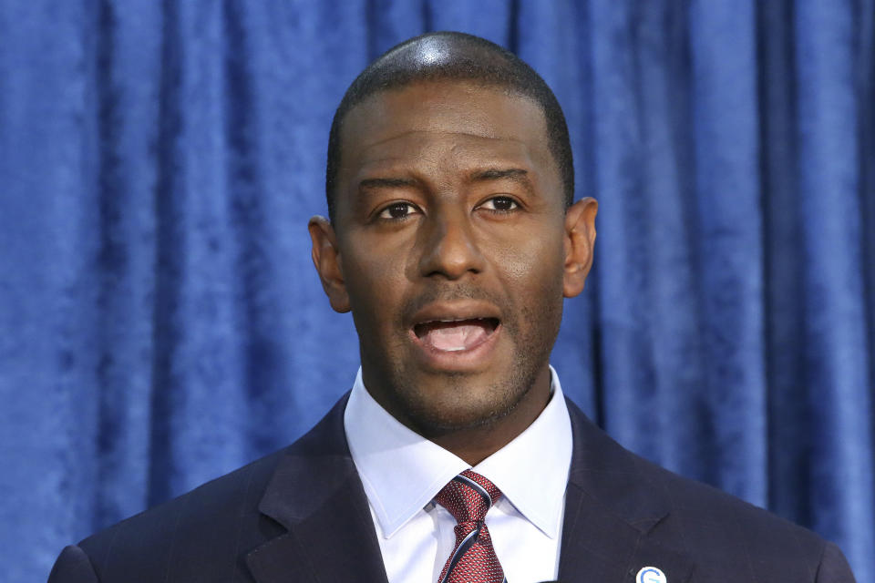 FILE - In this Nov. 10, 2018 file photo, Andrew Gillum, then-Democratic candidate for governor, speaks at a news conference in Tallahassee, Fla. Gillum, the 2018 Democratic nominee for Florida governor, is facing 21 federal charges related to a scheme to seek donations and funnel a portion of them back to him through third parties. The U.S. attorney's office announced the indictment Wednesday, June 22, 2022. (AP Photo/Steve Cannon, File)