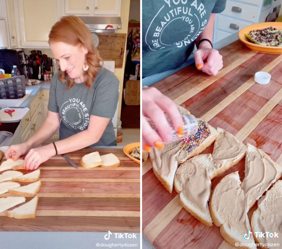 L: Alicia Dougherty cuts white bread into triangles. R: Sprinkles being put on the bread.