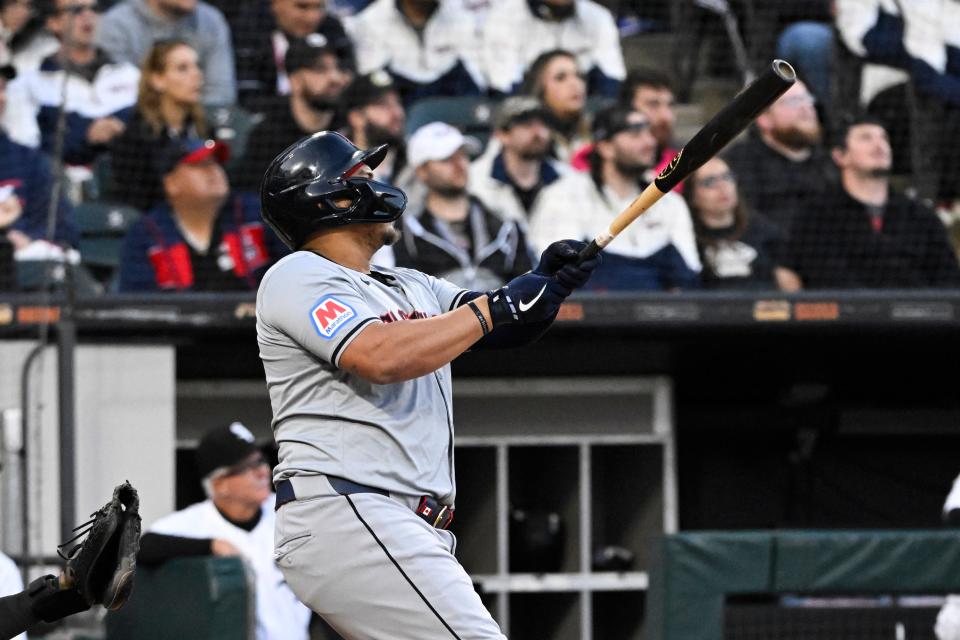 Guardians first baseman Josh Naylor hits a fourth-inning home run against the White Sox, May 11, 2024, in Chicago.