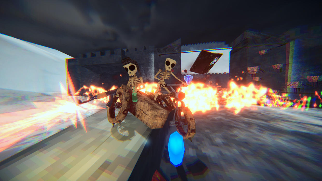  Twin Skeletons shooting demons in a screenshot from Motordoom. 