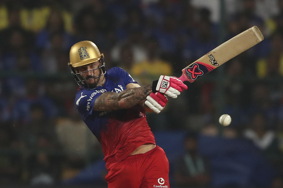 Royal Challengers Bengaluru's captain Faf du Plessis plays a shot during the Indian Premier League cricket match between Royal Challengers Bengaluru and Chennai Super Kings in Bengaluru, India, Saturday, May 18 , 2024. (AP Photo/Kashif Masood)