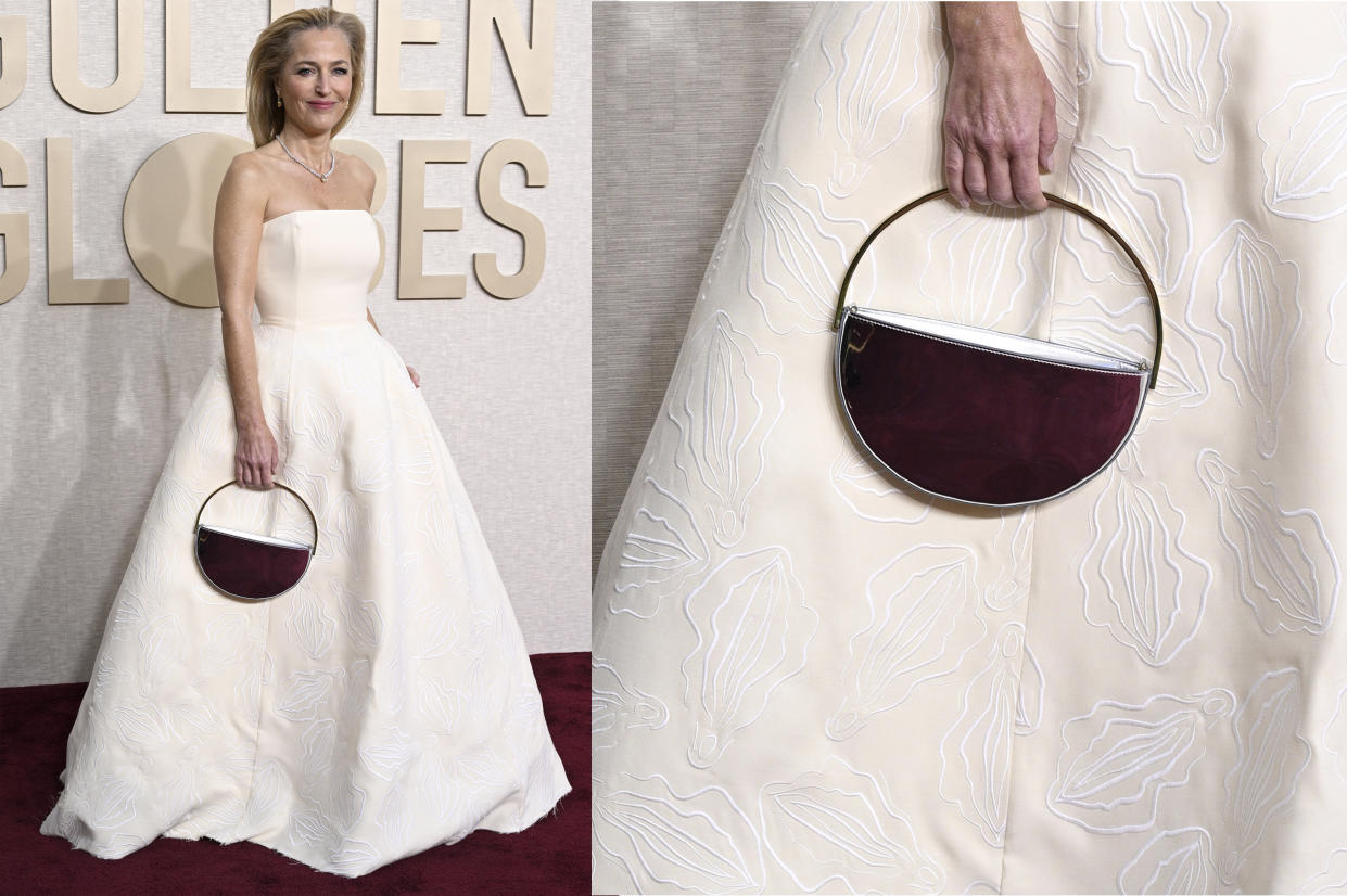 Gillian Anderson, on the red carpet at the Golden Globes, wears a Gabriela Hearst dress embroidered with vulvas.